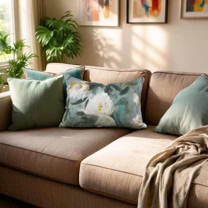 Beige sofa with decorative pillows and a blanket in a living room setting.