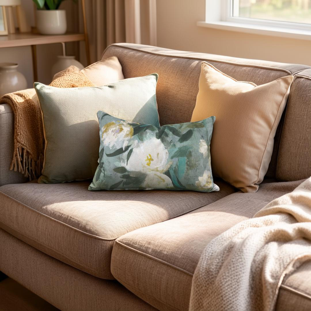 Beige sofa with decorative pillows and a blanket in a cozy living room.
