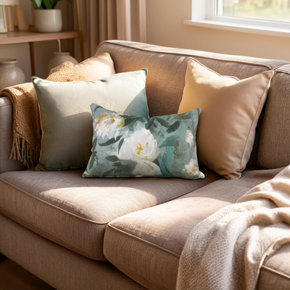 Beige sofa with decorative pillows and a blanket in a cozy living room.