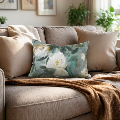 Floral pillow on a beige sofa with a brown throw blanket