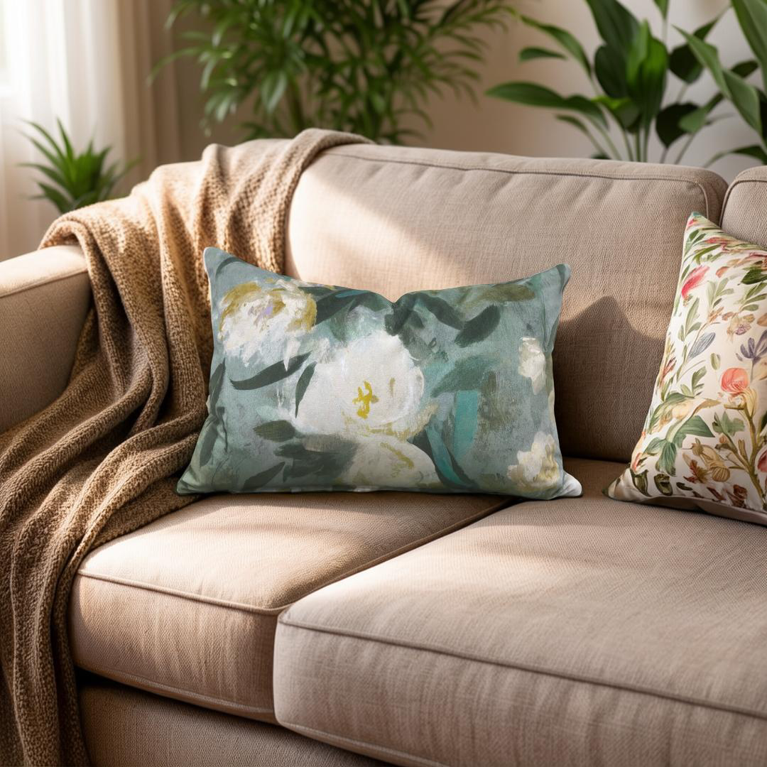 Floral-patterned cushions on a beige sofa with plants in the background