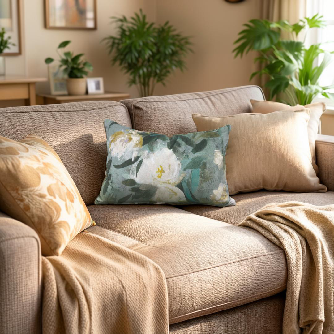Beige sofa with decorative pillows and a blanket in a living room setting