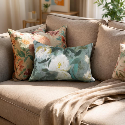 Floral patterned cushions on a beige sofa in a cozy living room.