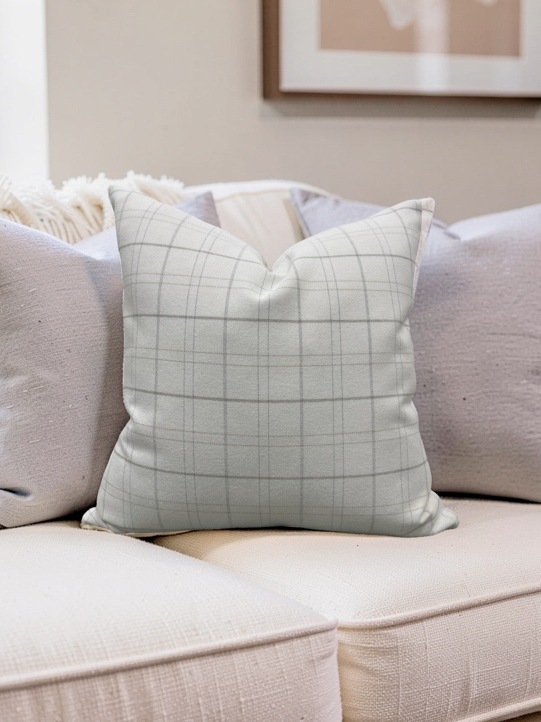 Rowe Plaid Decorative Pillow Cream and Light Grey 22x22" Knife Edge Cover