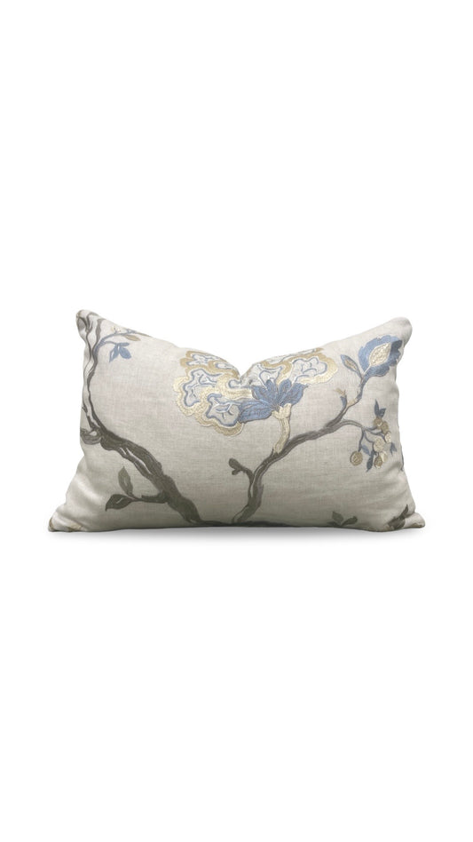 Embroidered Lumbar Pillow Hadham Cornflower Blue Linen  12x18" Knife Edge Cover
