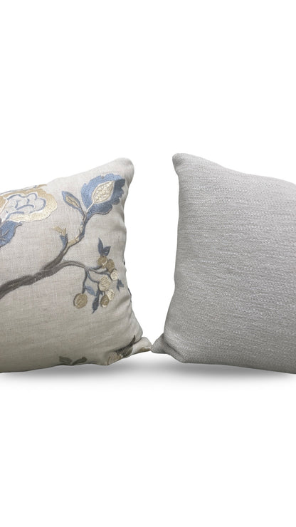 Embroidered Lumbar Pillow Hadham Cornflower Blue Linen  12x18" Knife Edge Cover