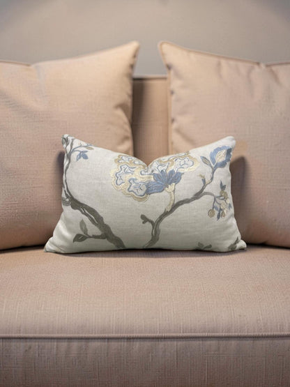 Embroidered Lumbar Pillow Hadham Cornflower Blue Linen  12x18" Knife Edge Cover