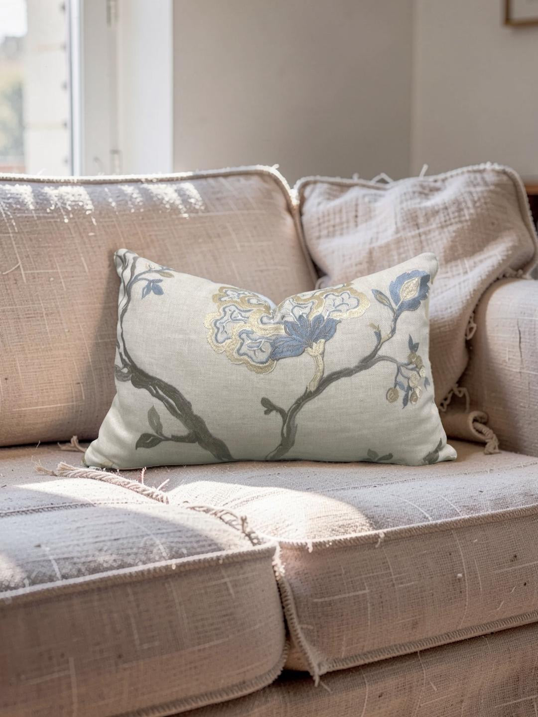Embroidered Lumbar Pillow Hadham Cornflower Blue Linen  12x18" Knife Edge Cover