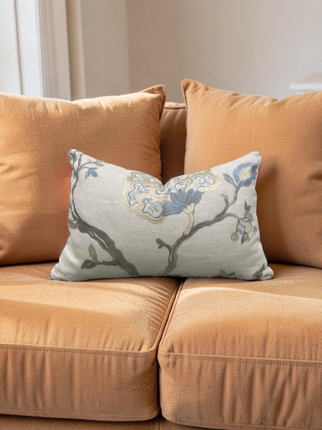 Embroidered Lumbar Pillow Hadham Cornflower Blue Linen  12x18" Knife Edge Cover