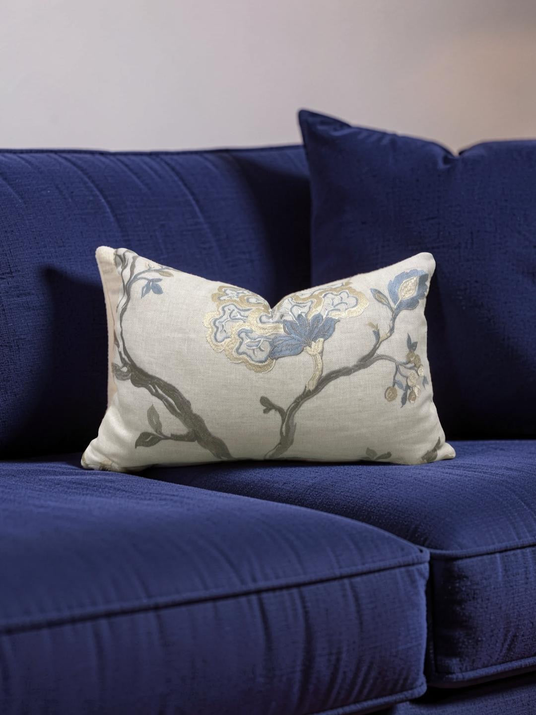 Embroidered Lumbar Pillow Hadham Cornflower Blue Linen  12x18" Knife Edge Cover
