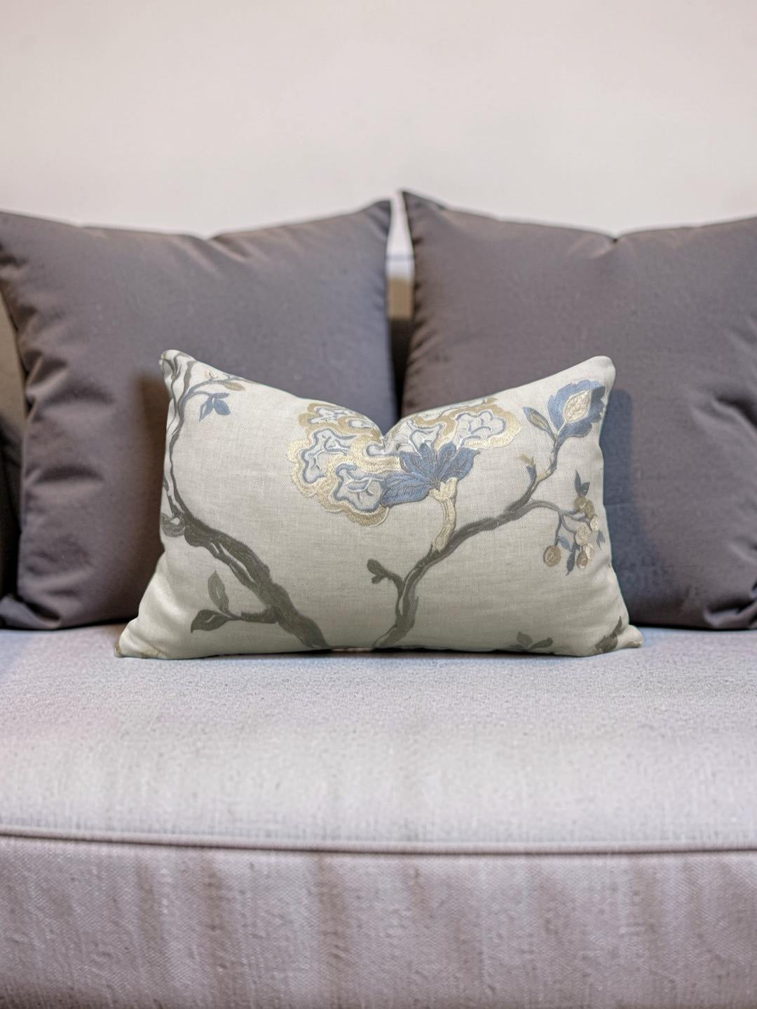 Embroidered Lumbar Pillow Hadham Cornflower Blue Linen  12x18" Knife Edge Cover