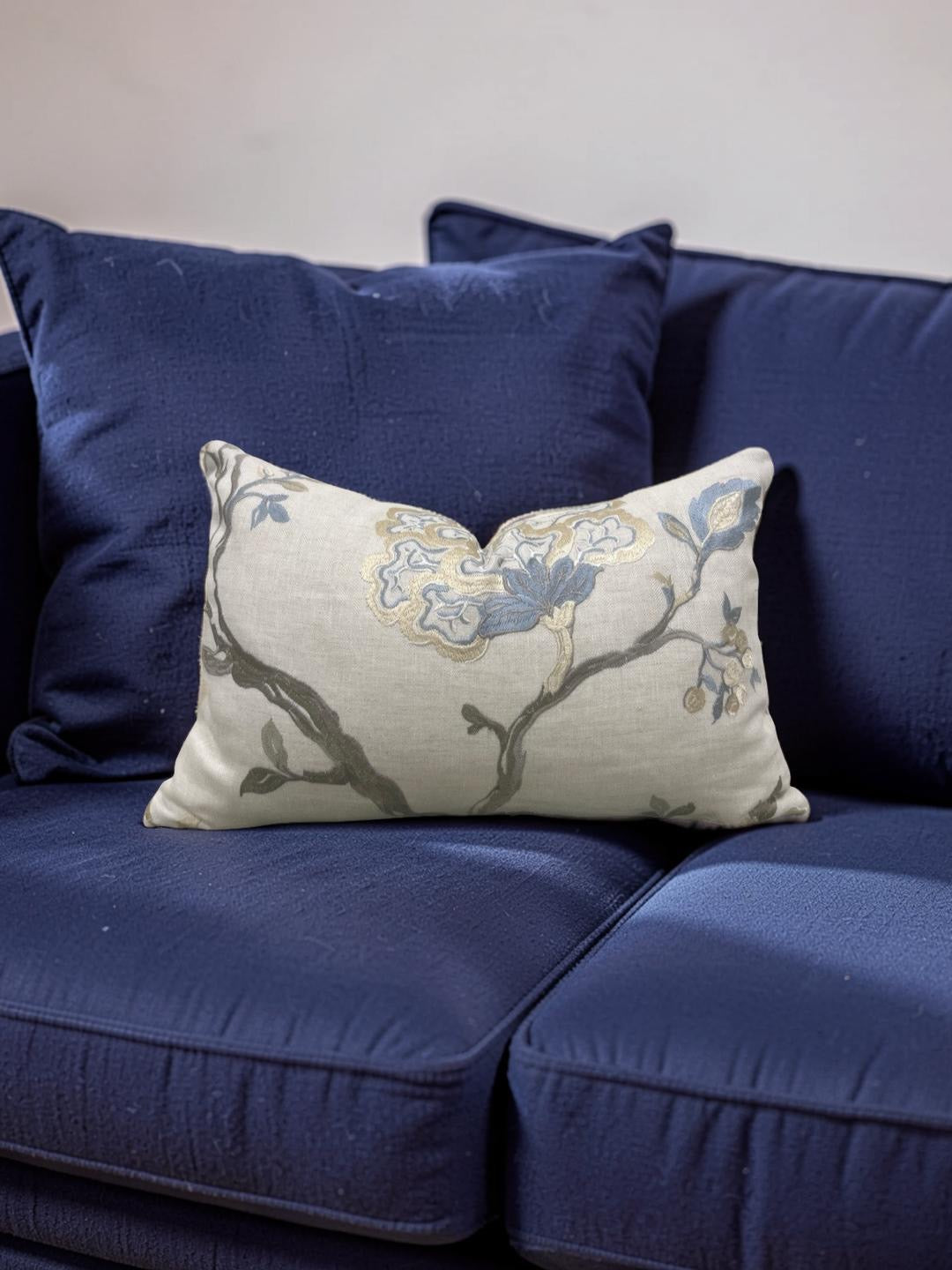 Embroidered Lumbar Pillow Hadham Cornflower Blue Linen  12x18" Knife Edge Cover