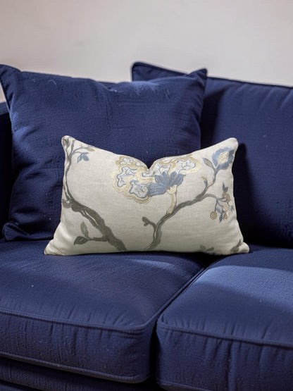Embroidered Lumbar Pillow Hadham Cornflower Blue Linen  12x18" Knife Edge Cover