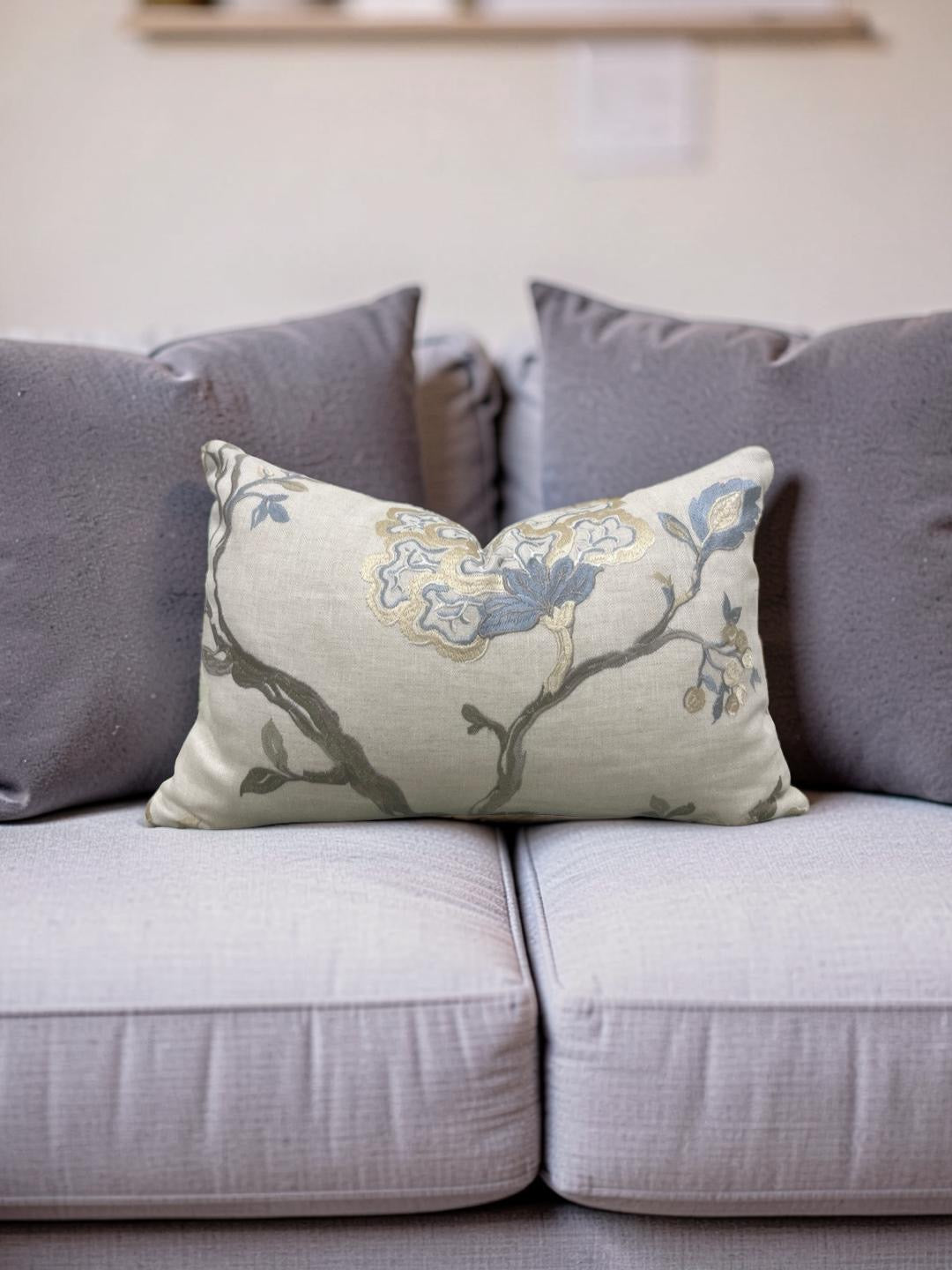 Embroidered Lumbar Pillow Hadham Cornflower Blue Linen  12x18" Knife Edge Cover