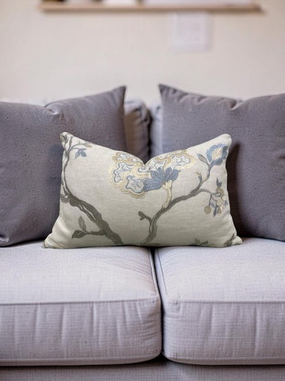 Embroidered Lumbar Pillow Hadham Cornflower Blue Linen  12x18" Knife Edge Cover