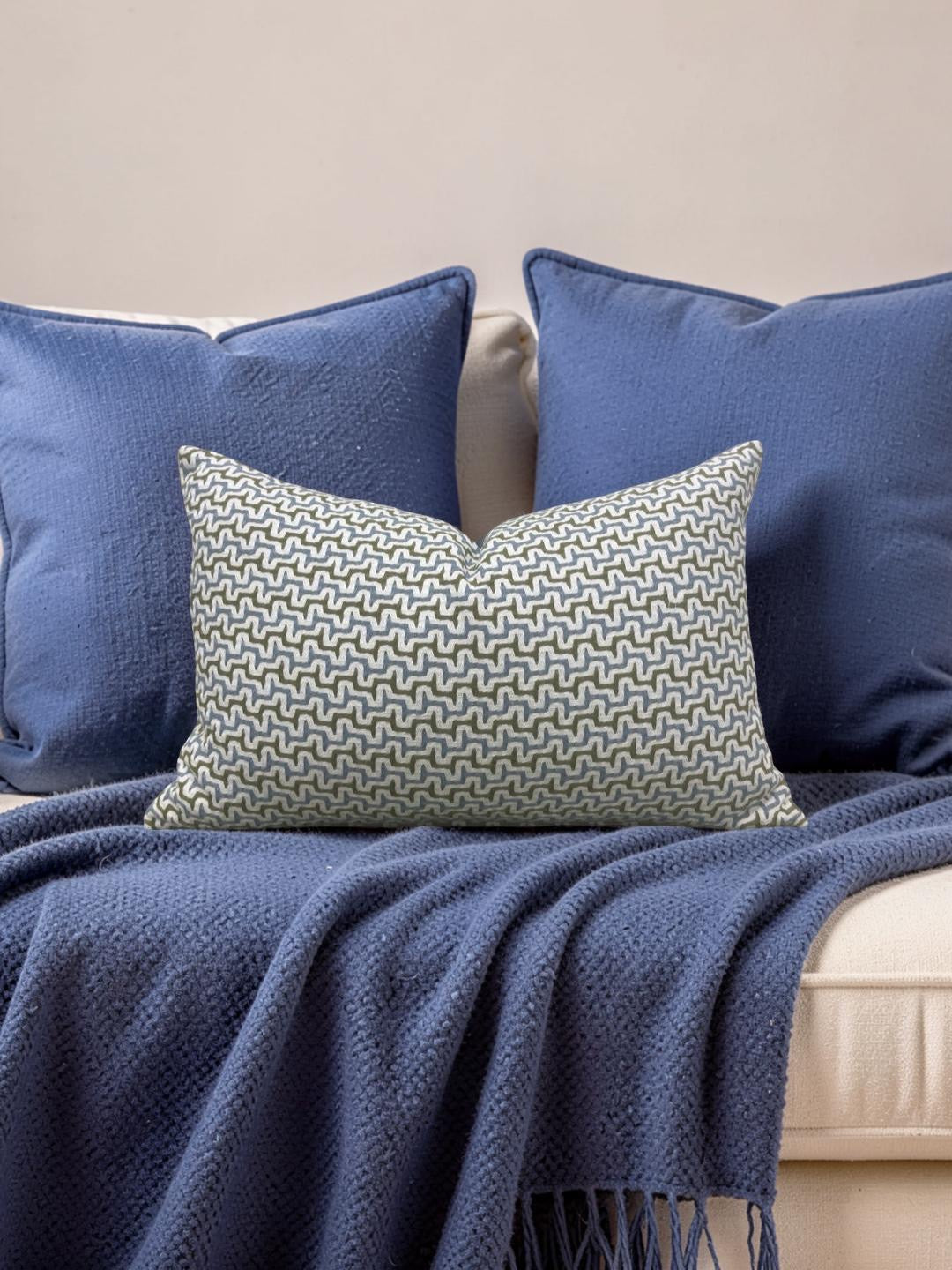 Lumbar Pillow Sashiko Sky/Olive 12x18" Knife Edge Cover