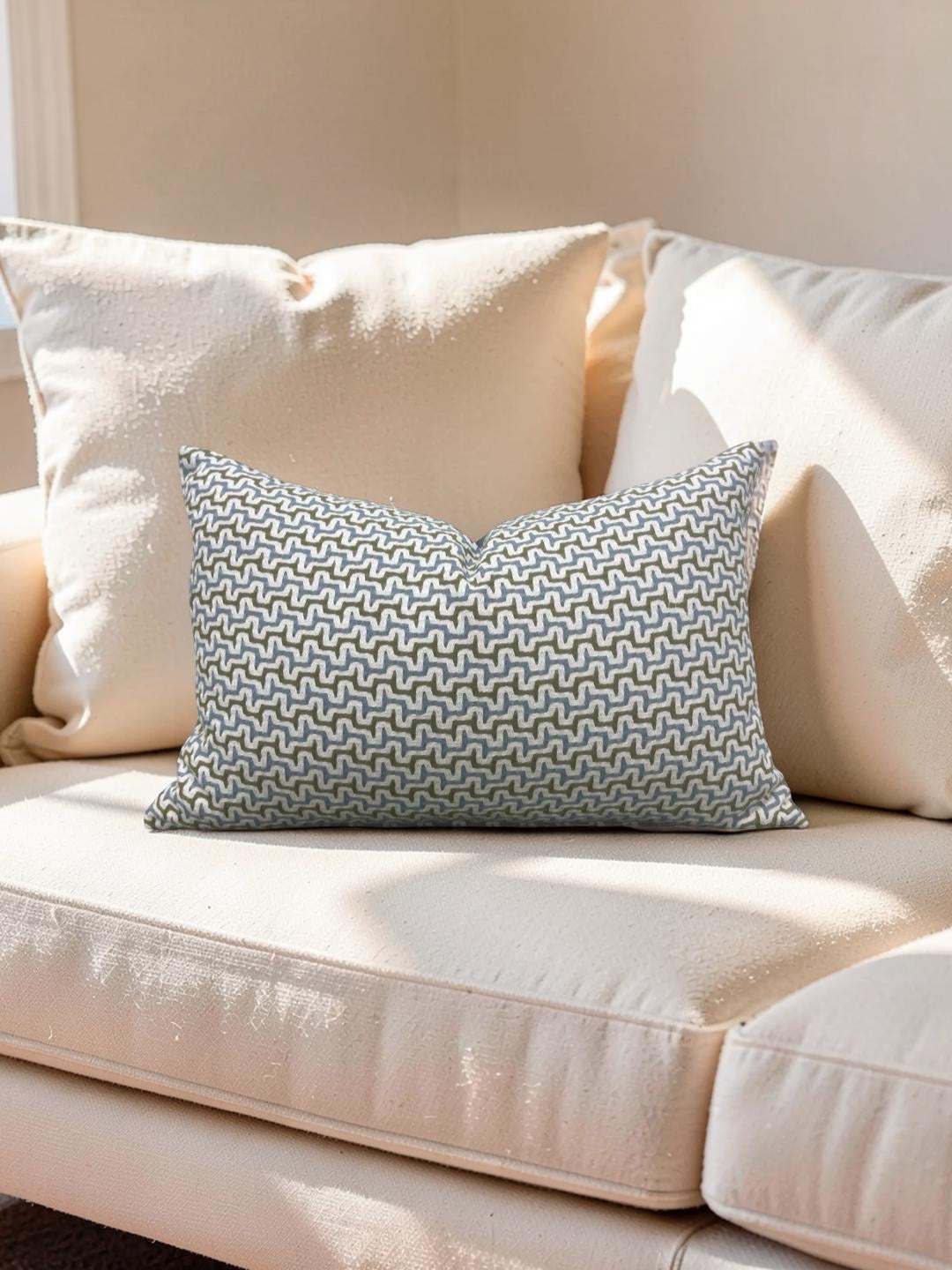 Lumbar Pillow Sashiko Sky/Olive 12x18" Knife Edge Cover