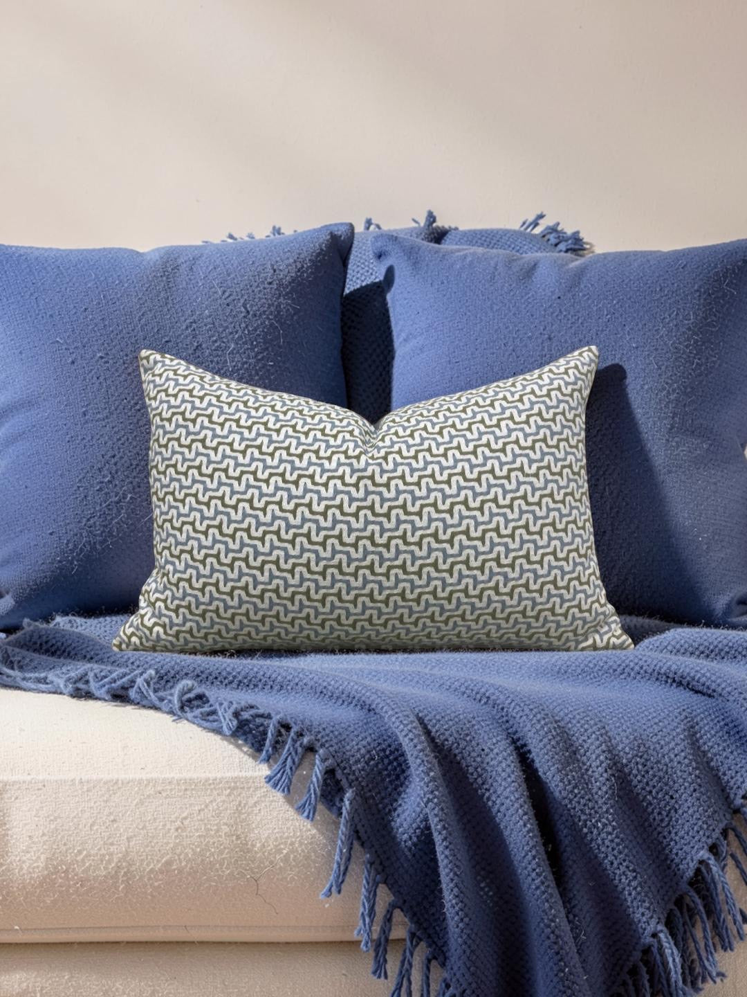 Lumbar Pillow Sashiko Sky/Olive 12x18" Knife Edge Cover