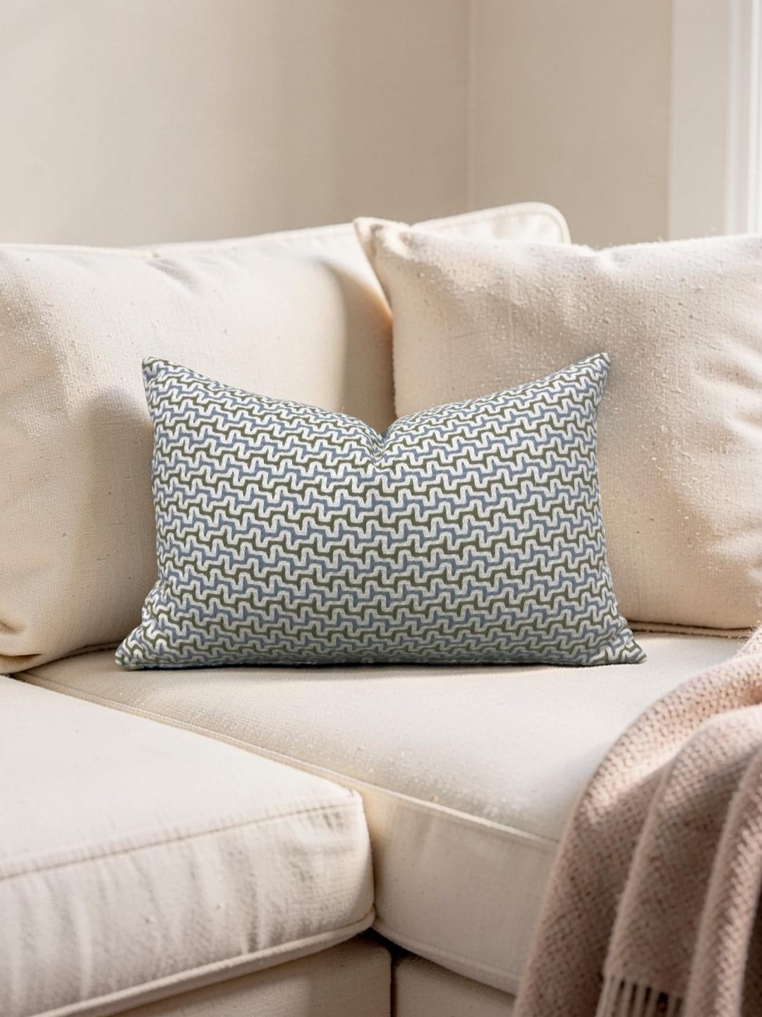 Lumbar Pillow Sashiko Sky/Olive 12x18" Knife Edge Cover