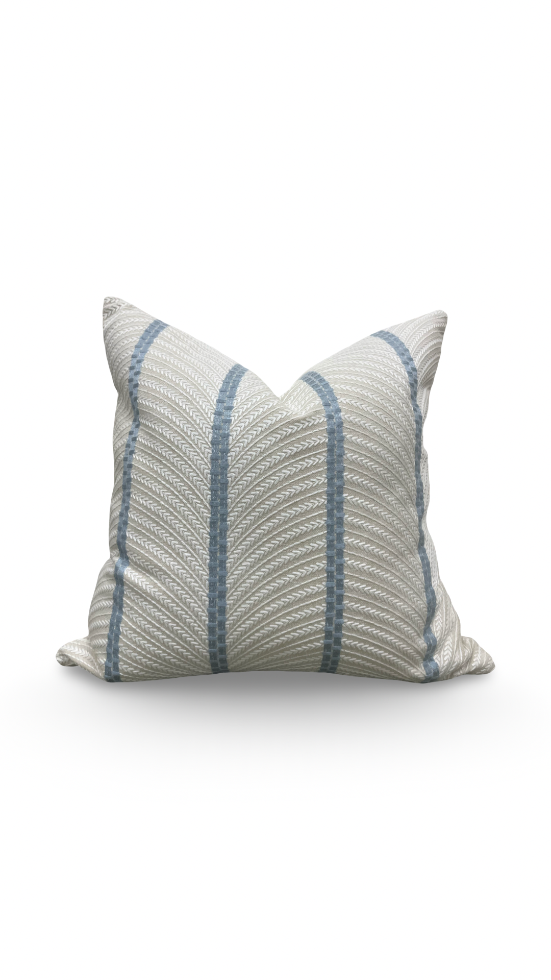 Striped pillow with blue and gray pattern on a white background