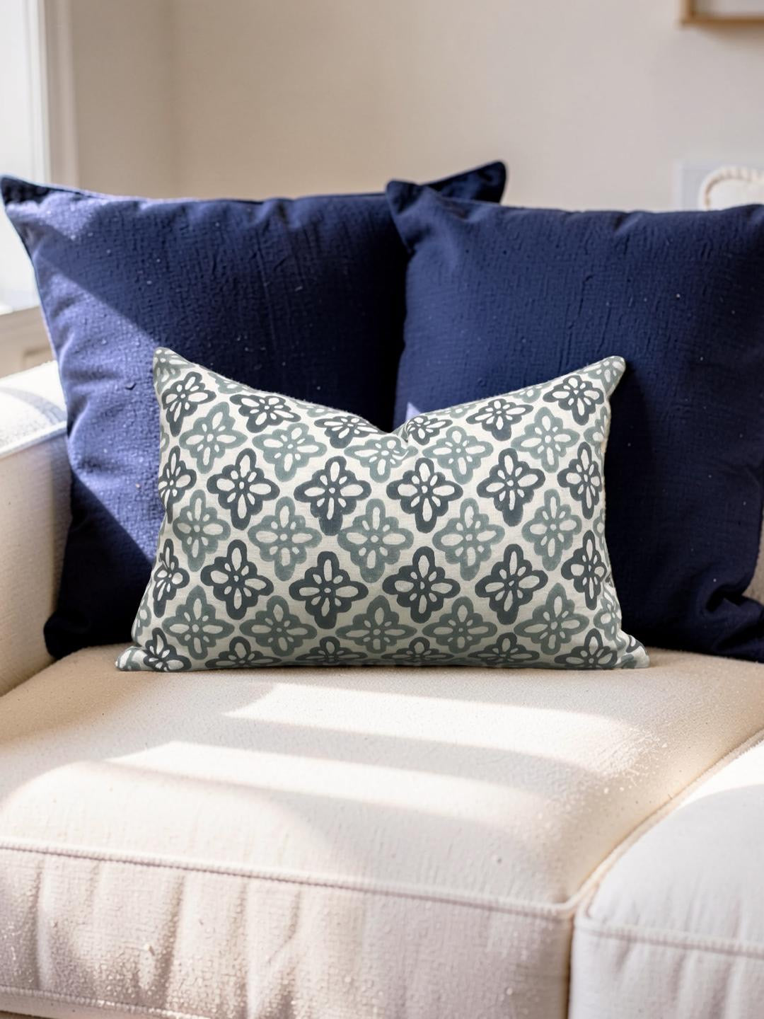 Schumacher Lumbar Pillow Pattee Hand Block Print 12x18" Knife Edge Cover
