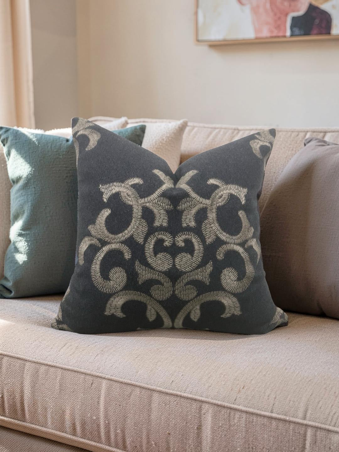 Schumacher Decorative Pillow Bryan Embroidered Wool 18x18" Knife Edge Cover