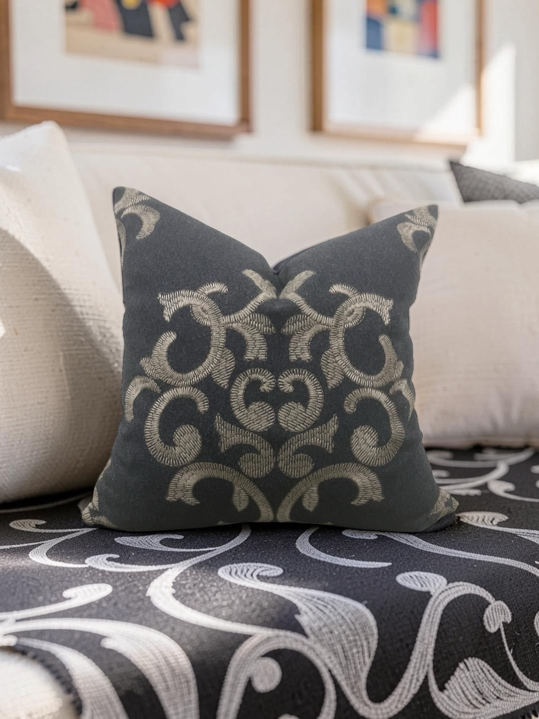 Schumacher Decorative Pillow Bryan Embroidered Wool 18x18" Knife Edge Cover