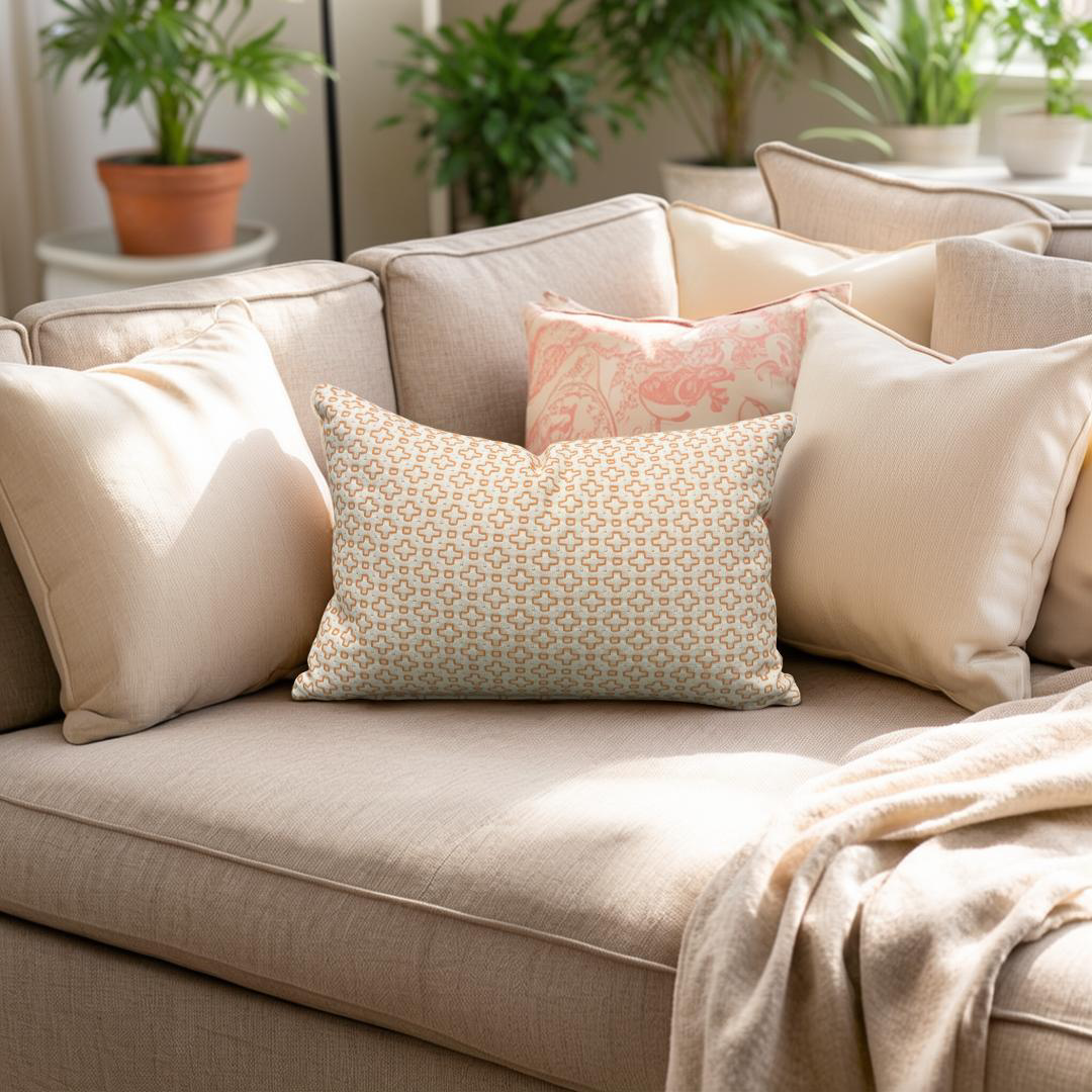 Beige sofa with patterned and solid cushions in a living room setting.