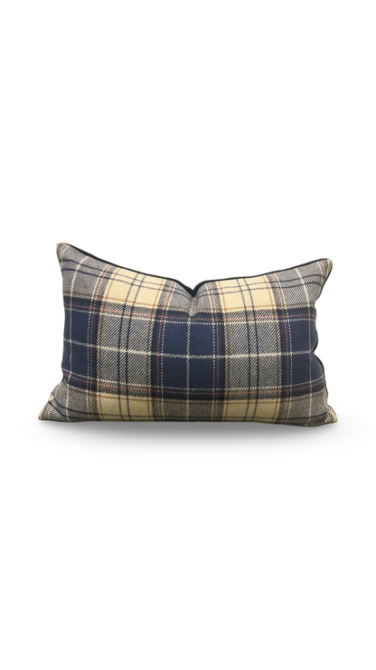 Tan and Navy Plaid 12X18" Knife Edge Decorative Lumbar Pillow