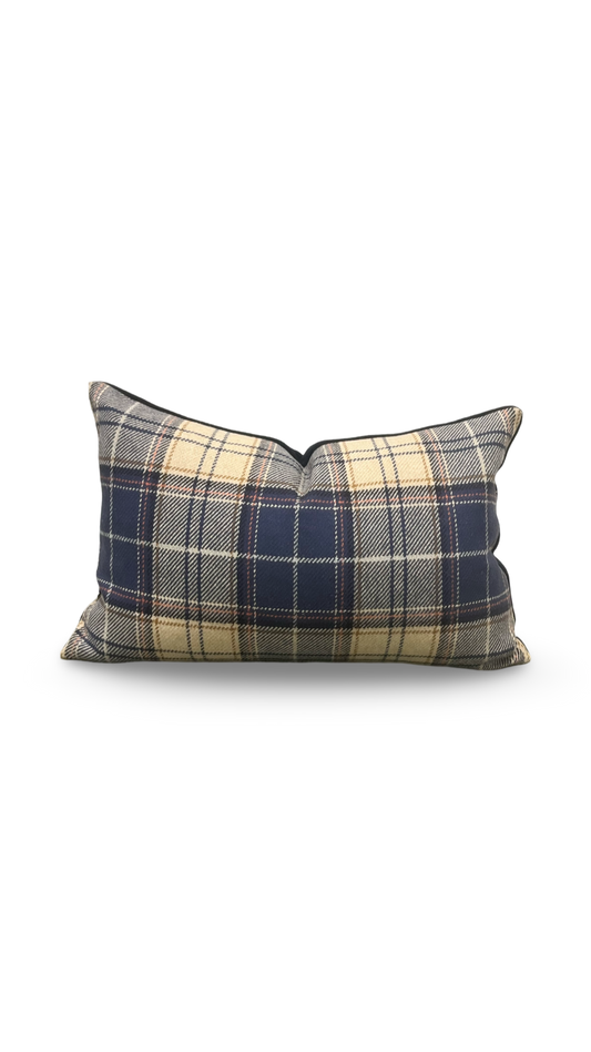Tan and Navy Plaid 12X18" Knife Edge Decorative Lumbar Pillow