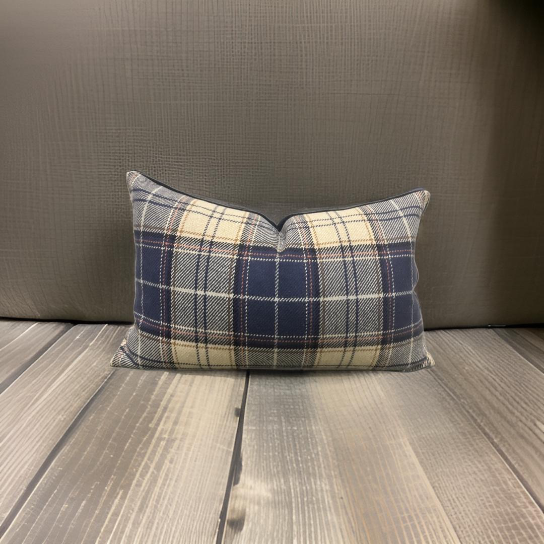 Tan and Navy Plaid 12X18" Knife Edge Decorative Lumbar Pillow