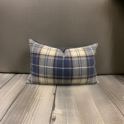 Tan and Navy Plaid 12X18" Knife Edge Decorative Lumbar Pillow