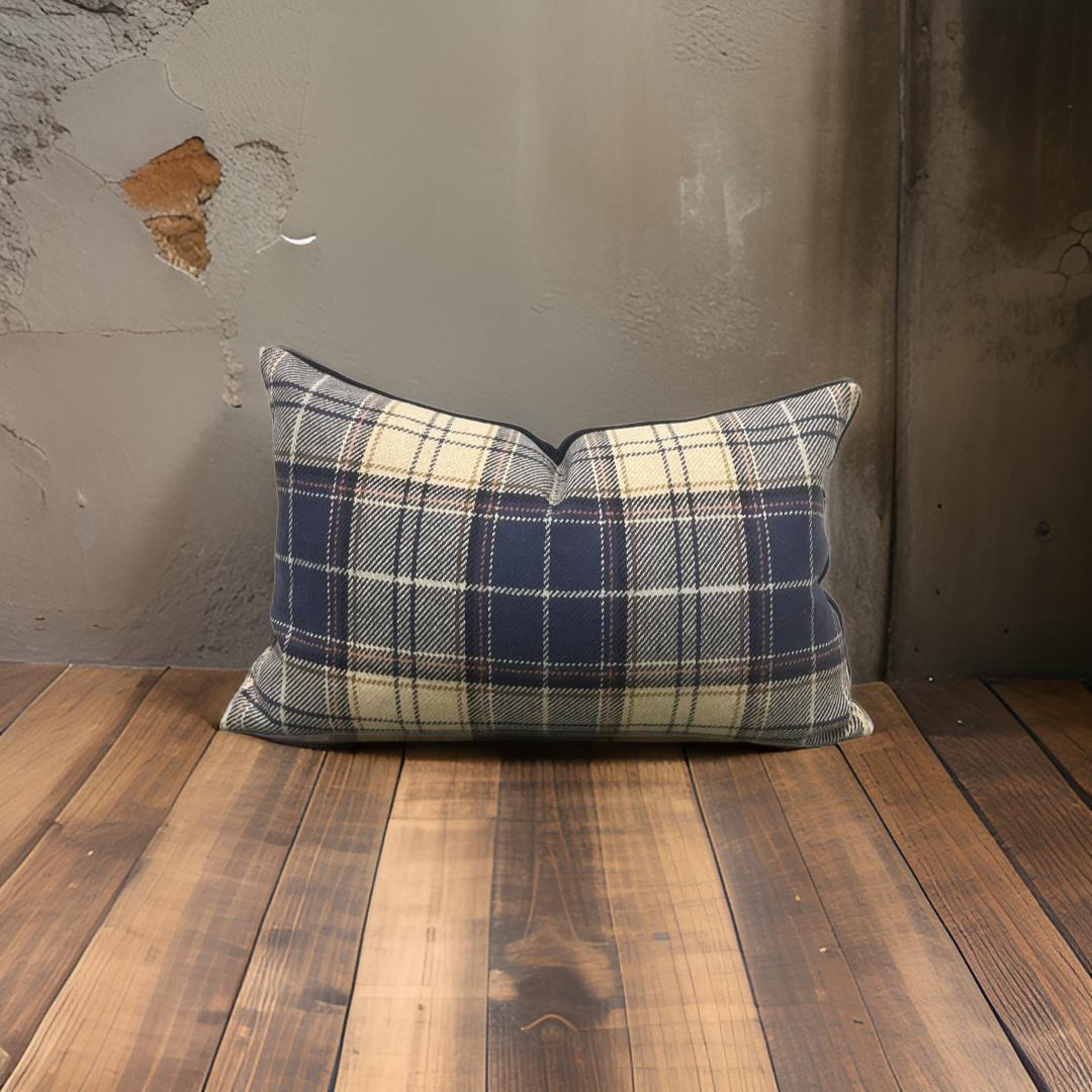 Tan and Navy Plaid 12X18" Knife Edge Decorative Lumbar Pillow