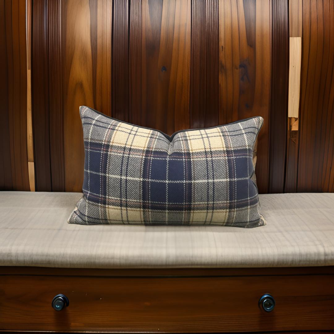 Tan and Navy Plaid 12X18" Knife Edge Decorative Lumbar Pillow