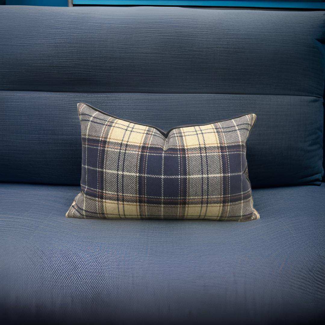 Tan and Navy Plaid 12X18" Knife Edge Decorative Lumbar Pillow