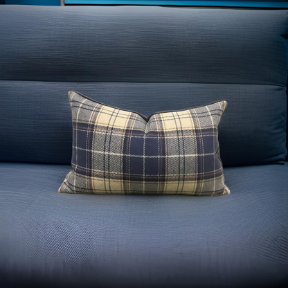 Tan and Navy Plaid 12X18" Knife Edge Decorative Lumbar Pillow