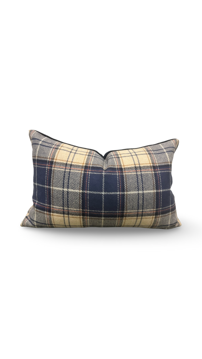 Tan and Navy Plaid 12X18" Knife Edge Decorative Lumbar Pillow