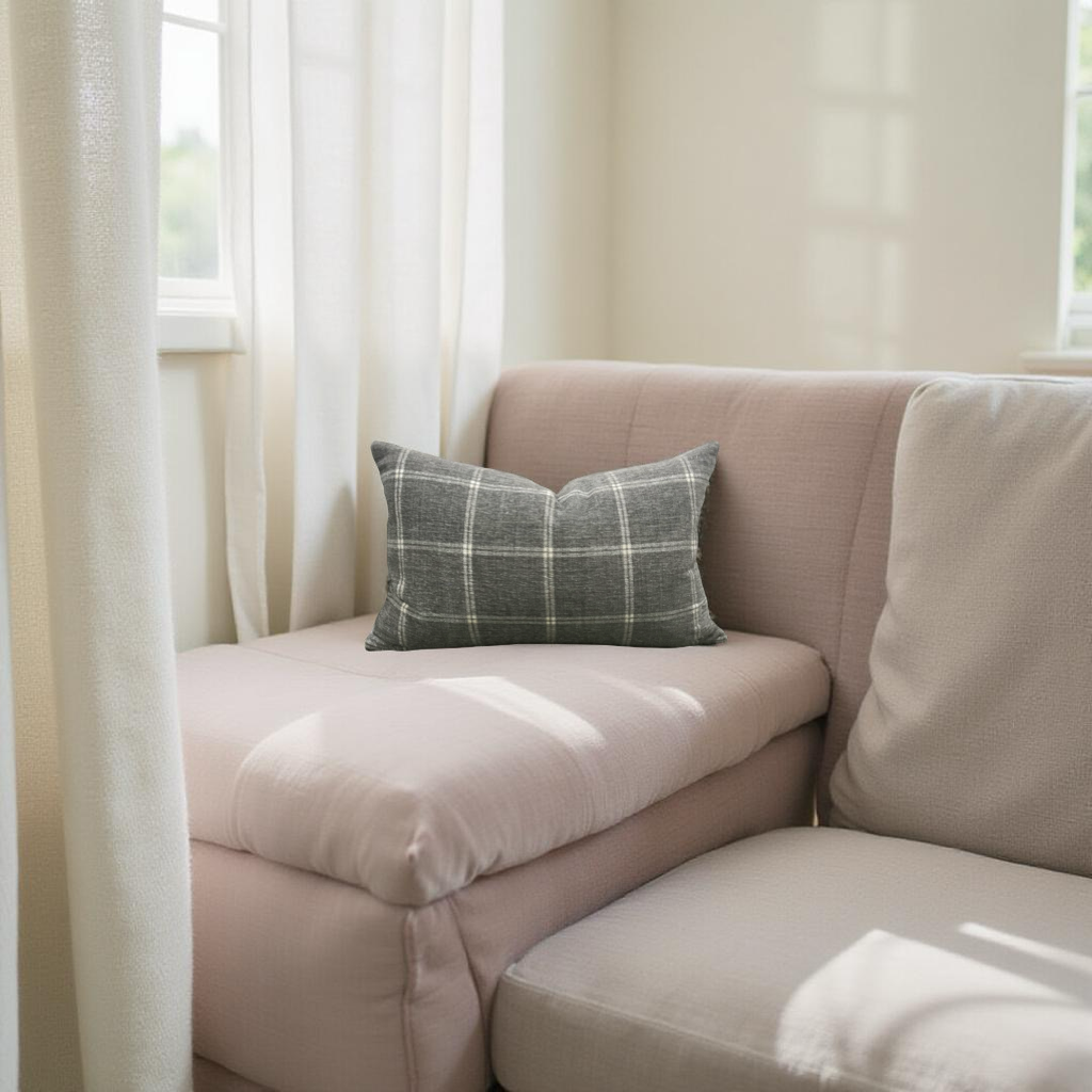 Taupe Grey Check Patterned 12X18" Knife Edge Decorative Lumbar Pillow