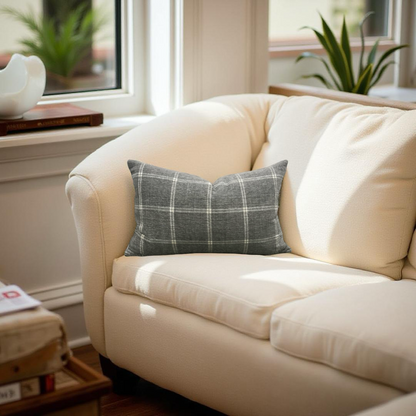 Taupe Grey Check Patterned 12X18" Knife Edge Decorative Lumbar Pillow