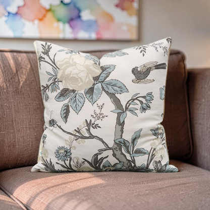 Floral Decorative Pillow Nemour Beige and Aqua 20x20" Knife Edge Cover