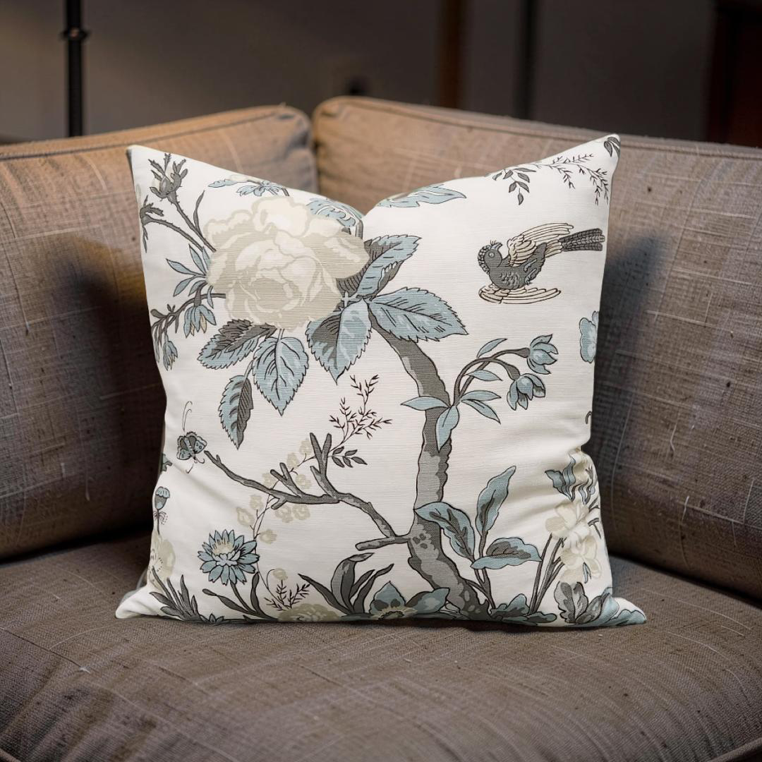 Floral Decorative Pillow Nemour Beige and Aqua 20x20" Knife Edge Cover