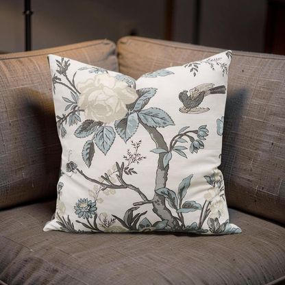 Floral Decorative Pillow Nemour Beige and Aqua 20x20" Knife Edge Cover