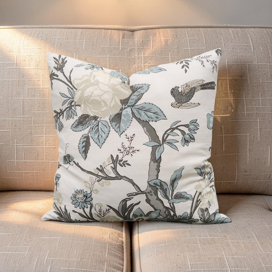 Floral Decorative Pillow Nemour Beige and Aqua 20x20" Knife Edge Cover