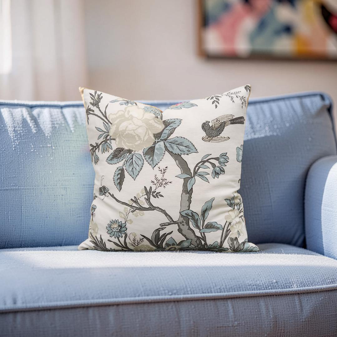 Floral Decorative Pillow Nemour Beige and Aqua 20x20" Knife Edge Cover