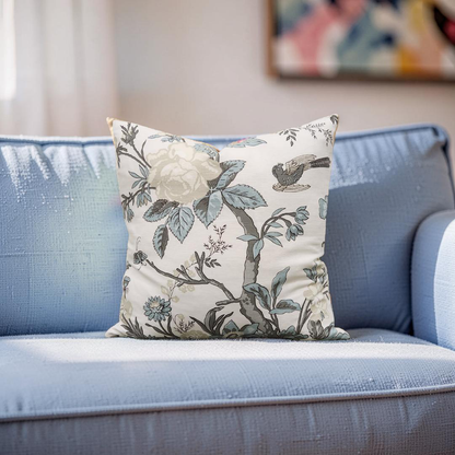 Floral Decorative Pillow Nemour Beige and Aqua 20x20" Knife Edge Cover