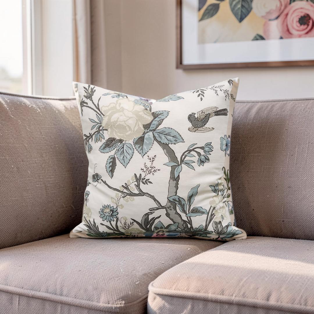 Floral Decorative Pillow Nemour Beige and Aqua 20x20" Knife Edge Cover