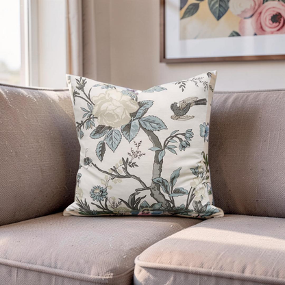 Floral Decorative Pillow Nemour Beige and Aqua 20x20" Knife Edge Cover