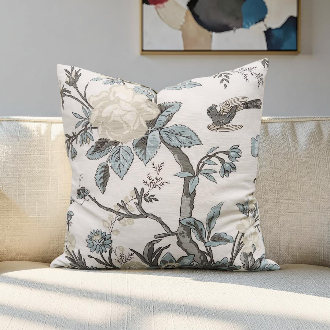 Floral Decorative Pillow Nemour Beige and Aqua 20x20" Knife Edge Cover