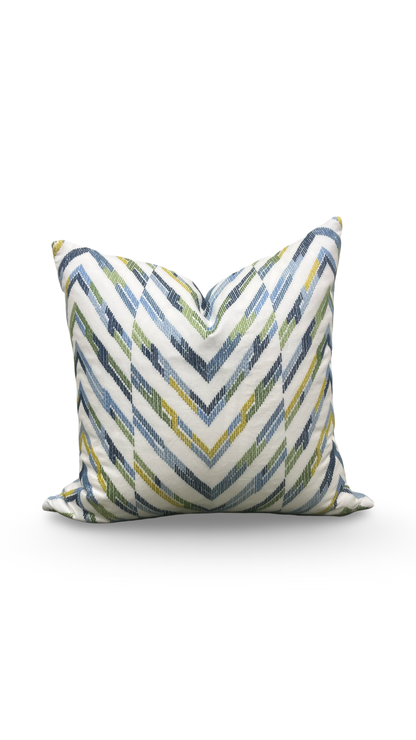 Designer Fabric White Blue Yellow and Green Zig Zag 22x22" Knife Edge Decorative Throw Pillow