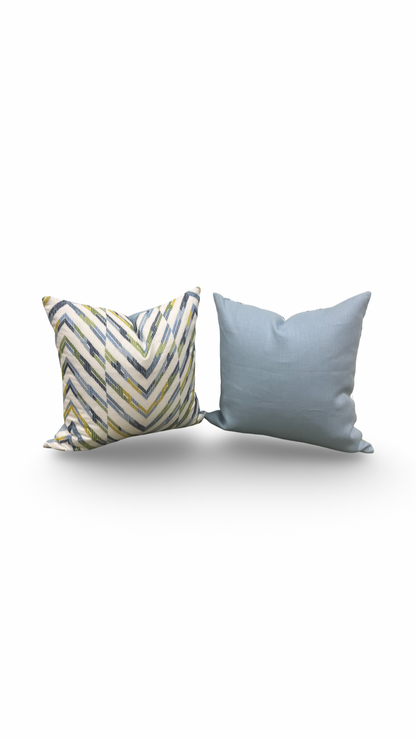 Designer Fabric White Blue Yellow and Green Zig Zag 22x22" Knife Edge Decorative Throw Pillow